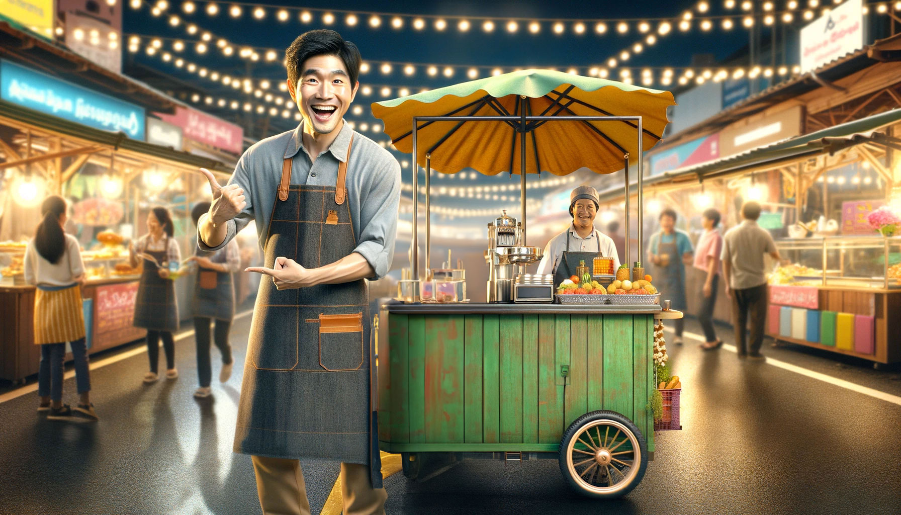 โปรโมทบริการในตลาดกลางคืน โดยมีพ่อค้าชายยิ้มแย้มยืนข้างรถเข็นขายอาหาร