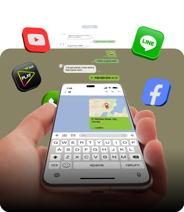 มือถือ และแอป AIS Play, YouTube, Line, Facebook, เน็ต และ โทร